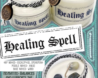 Healing spell- eucalyptus and wood scented with empowered hematite, fossil, and dendritic agate crystals! Great gothic horror gift