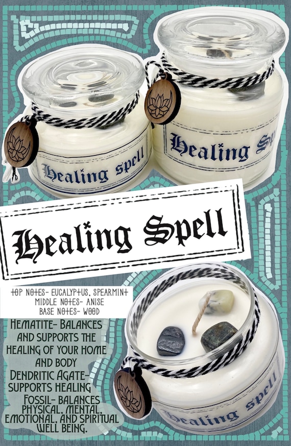 Healing spell- eucalyptus and wood scented with empowered hematite, fossil, and dendritic agate crystals! Great gothic horror gift