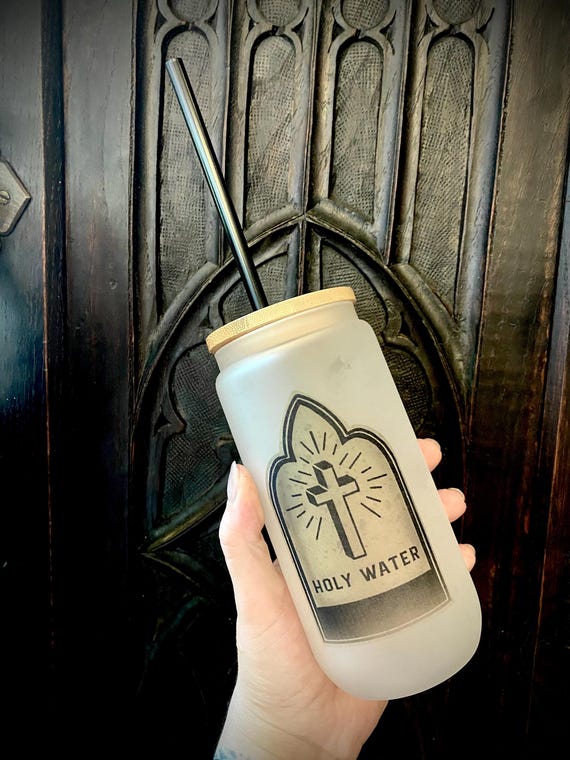 Holy Water Frosted Glass Cup with Lid & Straw – Gothic Christian Tumbler, Witchy Iced Coffee Glass, Spooky Halloween Drinkware