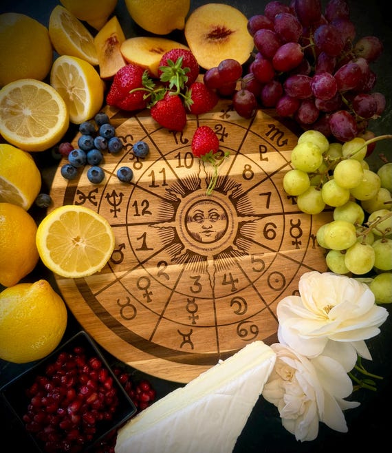 Celestial Zodiac Acacia Wood Cutting Board | Astrology Charcuterie Board | Witch Kitchen Decor | Round Serving Board | Horoscope Gift