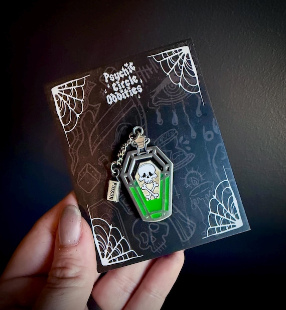 Poisoned Glow-in-the-Dark Enamel Pin | Gothic Coffin Poison Bottle | Psychic Circle Oddities by Suzy Berhow, Portland Oregon