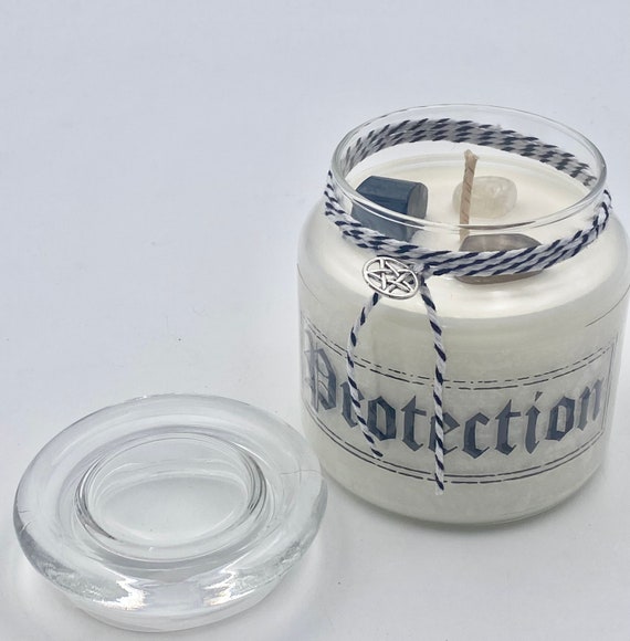 Protection candle- Lavender, Chamomile, Sage, and Rosemary scented with Smokey quartz, clear quartz, and black tourmaline crystals