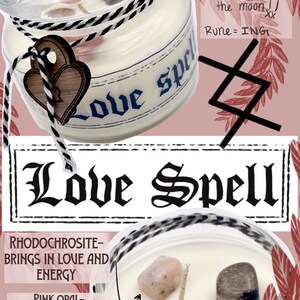 May include: A white candle jar with a black and white striped lid. The jar is labeled "Love Spell" and contains three pink and gray crystals. The text "Love is Ruled by the Planets Venus, Mercury, + the moon. xx Rune = ING" is written on the right side of the image.