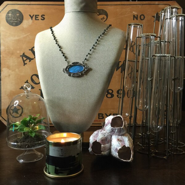 REAL blue morpho butterfly wing preserved on black onyx rosary chain