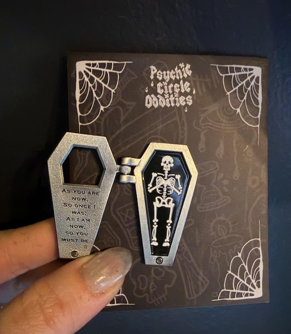 Memento Mori Hinged Coffin Skeleton Enamel Pin | Gothic Horror Jewelry | Psychic Circle Oddities by Suzy Berhow, Portland Oregon