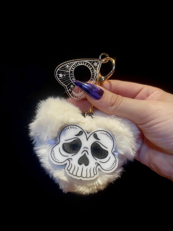 Sweet Skull Heart Keychain- faux fur gothic puff ball purse charm!