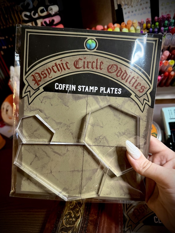 Set of 3 Clear acrylic coffin shaped stamping plates for journaling and more! Fun gothic stationery gift!