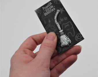 Witches broom of protection antiqued silver colored enamel pin! Witch occult magick