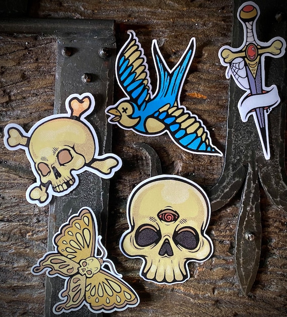 Classic tattoo style sticker pack! 5 high quality vinyl stickers! Waterproof