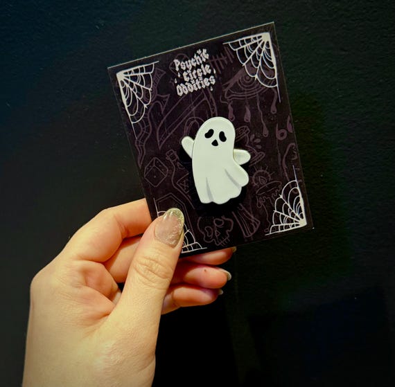 Ghost Enamel Pin with Swiveling Arms – Hard Enamel UV Printed Pin | Spooky Cute Halloween spirit