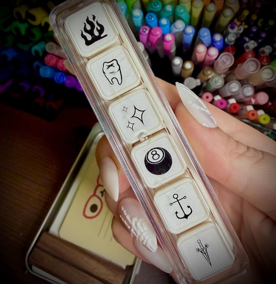 Y2K Tattoo Flash Stamp Set – Dagger, Flames & Icon Mini Stamps (6-in-1 Self-Inking) Set gothic stationery gift