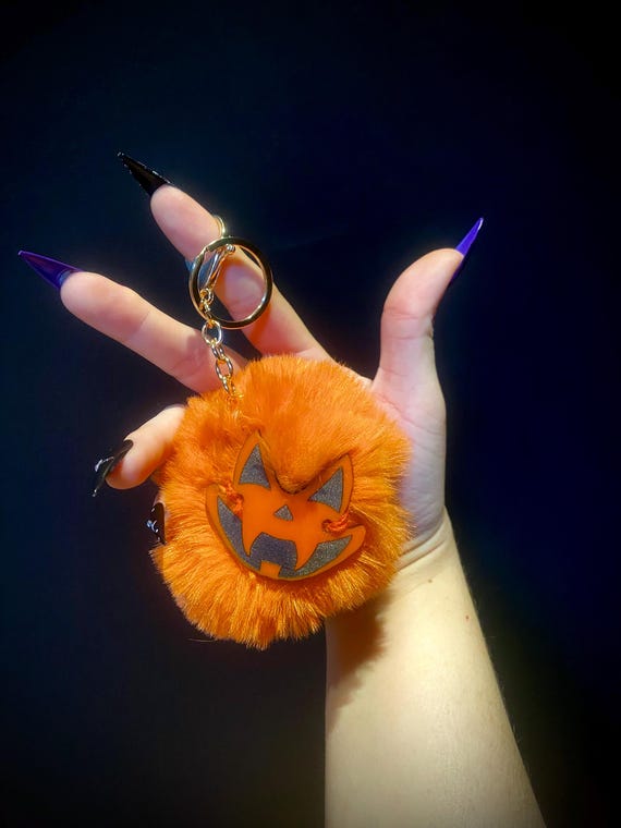 Pumpkin Puff Keychain- cute gothic Halloween faux fur keychain and purse charm!