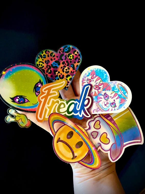 Lisa Freak! Holographic Y2K Sticker Set – 6 Vinyl Stickers by Suzy Berhow | Alien, Skull, Sad Planet, Conjoined Cats, Rainbow Heart, Freak