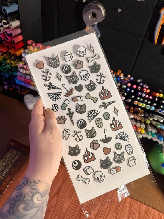 Gothic Tattoo Flash Clear Sticker Sheet | Black Cat, Skull, 8 Ball, Bones, Dagger & Y2K Journal Stickers