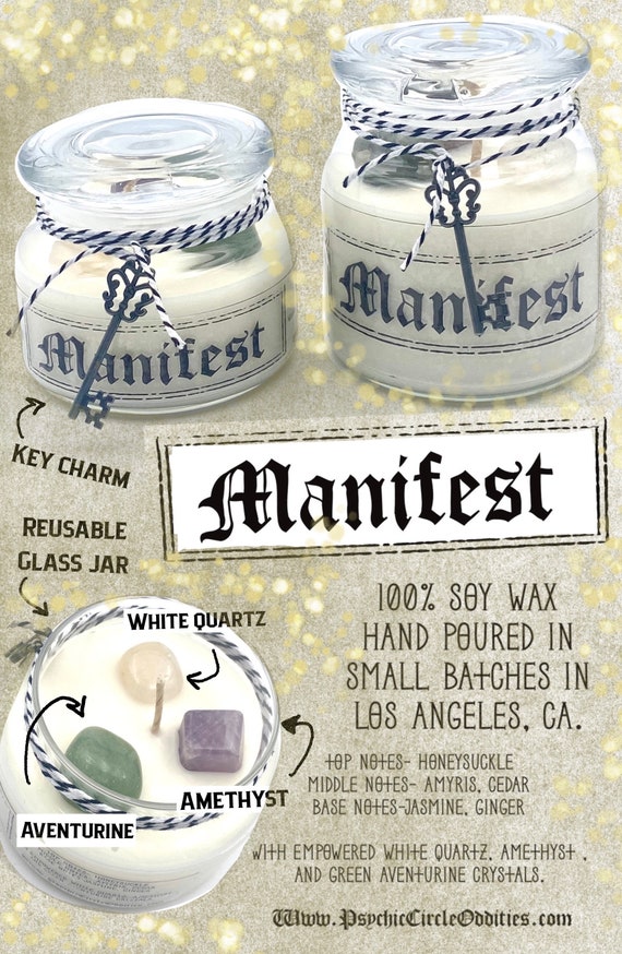 Manifest candle- jasmine and honeysuckle with amethyst, white quartz, and aventurine crystals