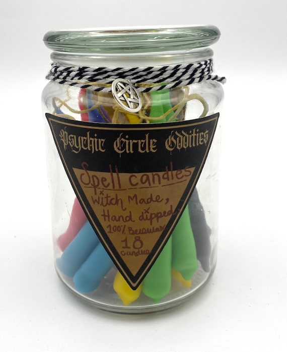 18 hand dipped spell candles set in glass jar! Chime candles witch witchcraft magic beeswax