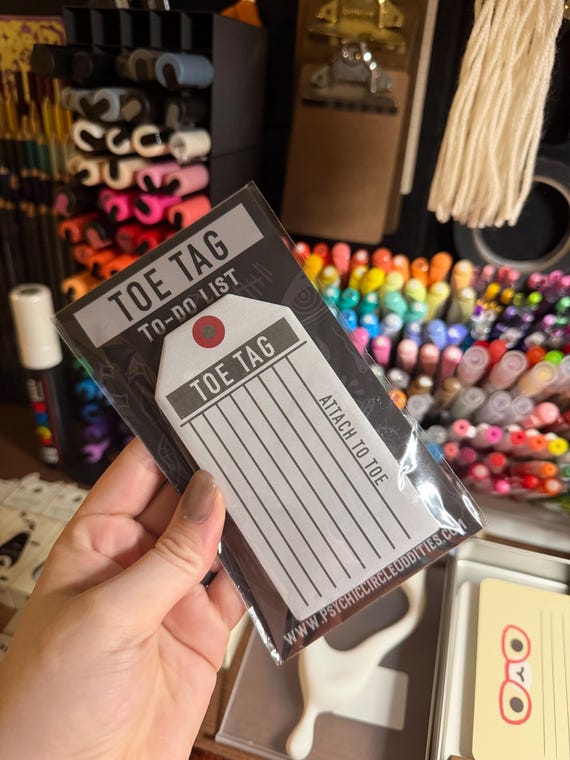 Gothic Toe Tag Sticky Notes | Die Cut To-Do List Notepad | Mortician Inspired Memo Pad | Dark Academia Desk Accessory | Gothic Stationery