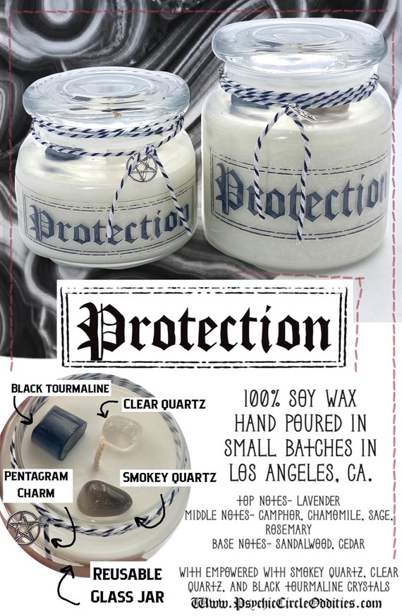 Protection candle- Lavender, Chamomile, Sage, and Rosemary scented with Smokey quartz, clear quartz, and black tourmaline crystals