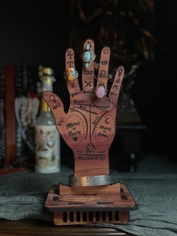 Accurate palmistry hand jewelry stand! made from engraved wood! gothic occultist gift!