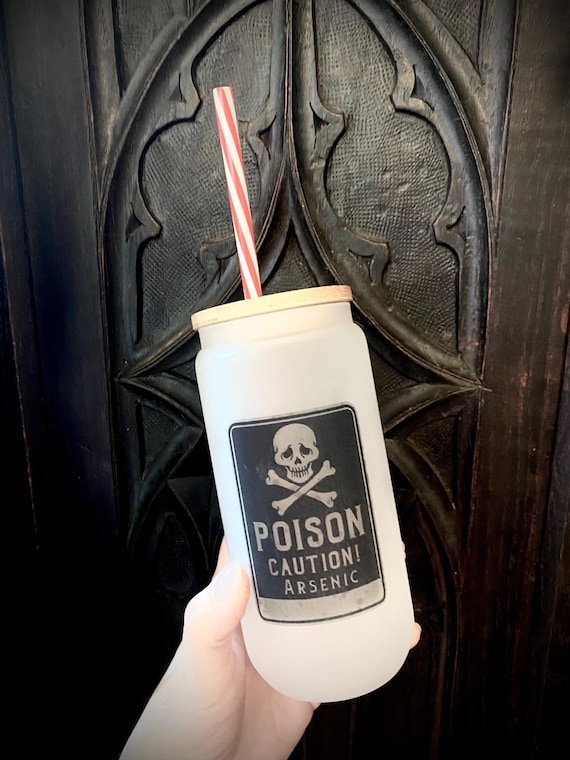 Poison Arsenic Frosted Glass Cup with Lid & Straw – Gothic Drinkware, Spooky Halloween Tumbler, Witchy Kitchen Glass
