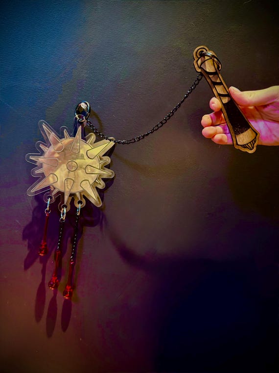 Gothic Flail Suncatcher | Crystal Blood Drop Wall Art | Gothic Home Decor | Handmade Acrylic & Walnut | Limited Edition