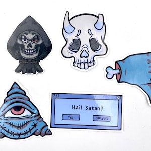 May include: Five stickers with a dark blue, gray, and white color scheme. The stickers feature a skull with horns, a thumbs down hand with a bone, a hooded figure with a skull face, a triangle with an eye, and a computer screen with the text "Hail Satan?" and two buttons that say "Yes" and "Hell yes!"