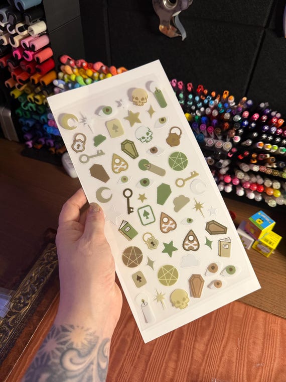 Witchy eyes watching Clear Sticker Sheets - pentacles, candles, books, eyes, coffins, cards, and planchettes Journal Stickers