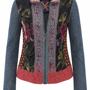 Chaqueta de mujer Woo Xoom Paris estilo años 20 con cremallera, encaje, patchwork y estampado floral.
