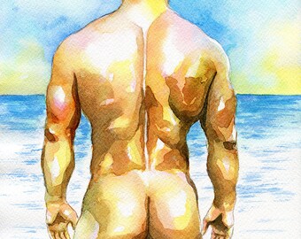 PRINT of Original Art Work Watercolor Painting Gay Male Nude /"Tiny/"
