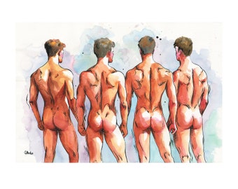22x15" Original Hand painted Artwork Watercolor Painting Gay Man Male Nude