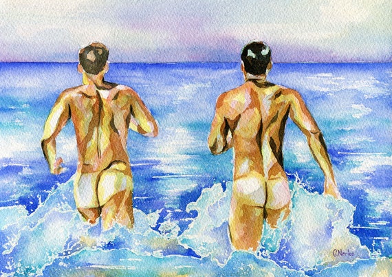 PRINT Original Art Work Watercolor Painting Gay Male Nude /"Beach party/"