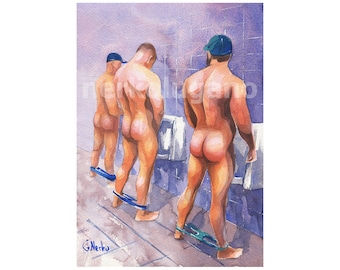 PRINT of Original Art Work Watercolor Painting Gay Interest Male Nude "Public toilet 35"