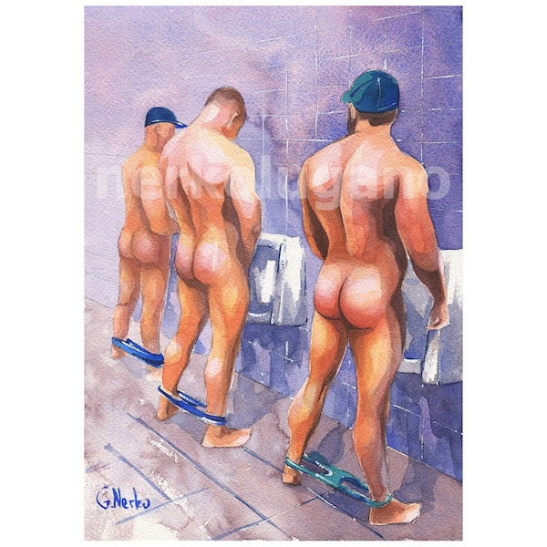 PRINT of Original Art Work Watercolor Painting Gay Interest Male Nude "Public toilet 35"