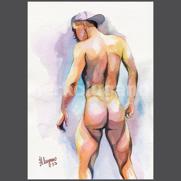 Original Hand painted Artwork Watercolor Painting Erotic Male Man Nude Gay