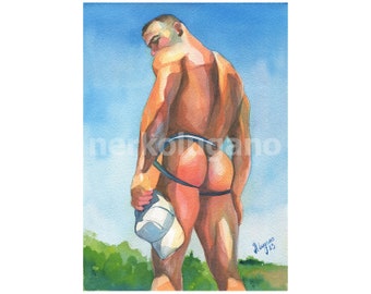 Original Hand painted Artwork Watercolor Painting Erotic Male Man Nude Gay