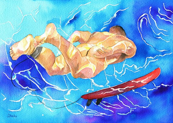 PRINT of Original Art Work Watercolor Painting Gay Male Nude /"Under water/"
