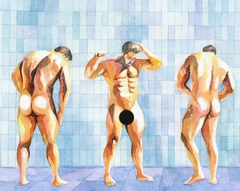 PRINT of Original Art Work Watercolor Painting Gay Male Nude "Shower 7"