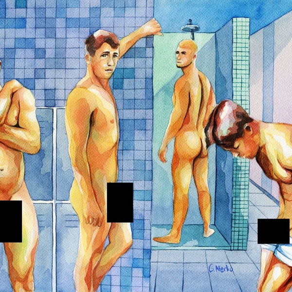 PRINT of Original Art Work Watercolor Painting Gay Interest Male Nude "Shower 14"