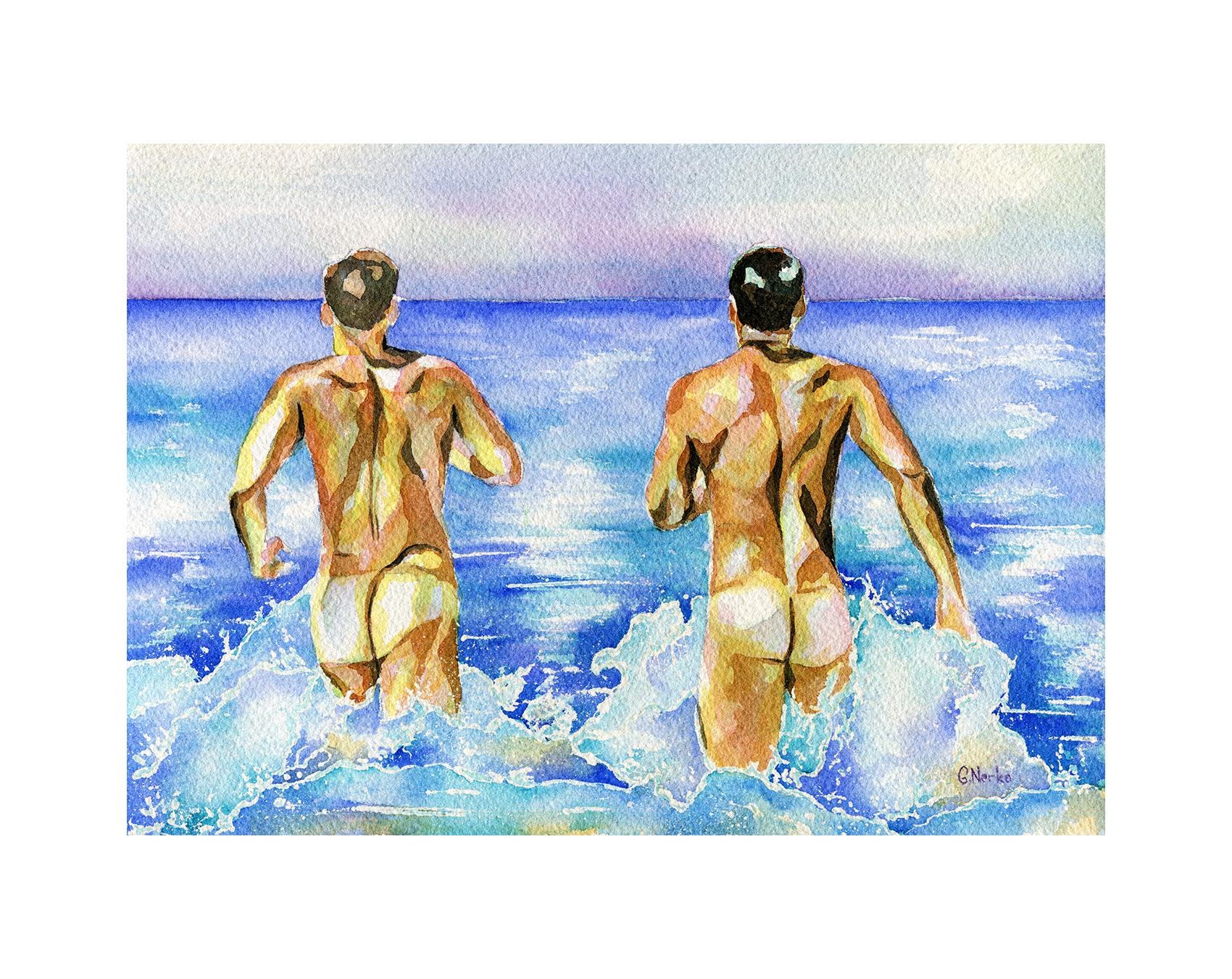 ヌードビーチキッズ プリントオリジナルアート作品 水彩画 ゲイ男性ヌード「ビーチの喜び」 - Etsy 日本