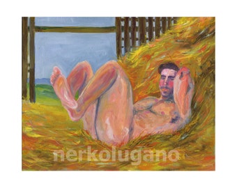 Original Hand painted Oil Painting on Stretched Canvas Erotic Male Man Nude Gay