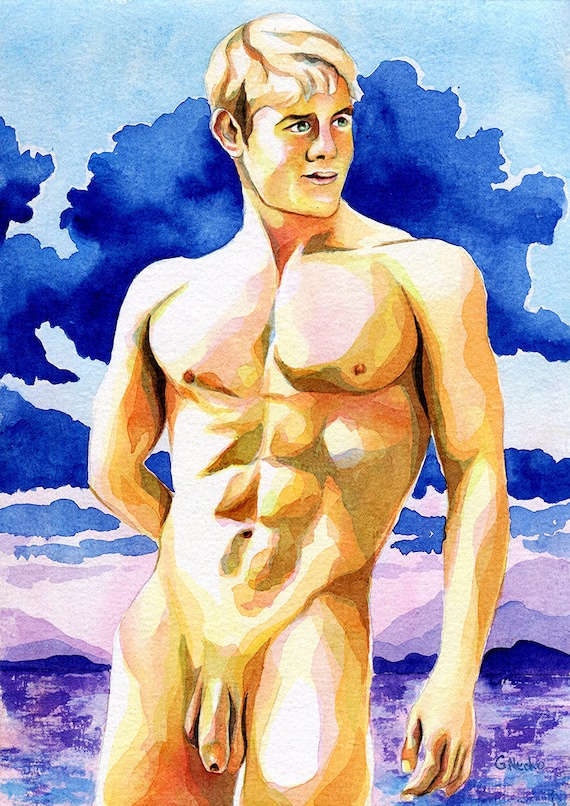 PRINT of Original Art Work Watercolor Painting Gay Male Nude /"Right here/"