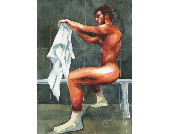 Guestbook.ru naked 4 オリジナルアート作品のプリント 水彩画 ゲイの関心事 男性ヌードロッカールームで 4 - Etsy 日本