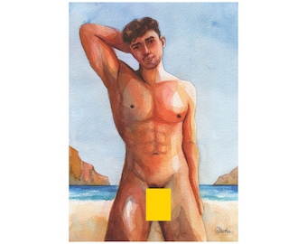 Original Hand painted Artwork Watercolor Painting Erotic Male Man Nude Gay