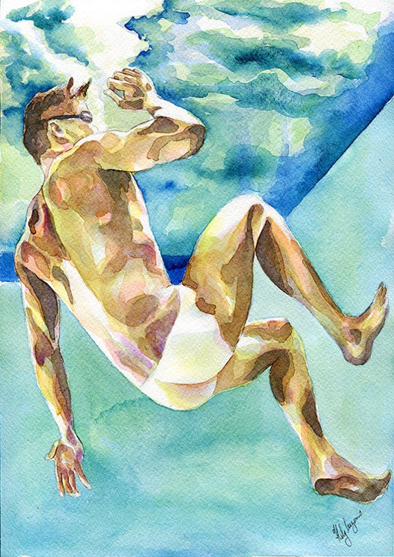 PRINT of Original Art Work Watercolor Painting Gay Male Nude /"Under water/"