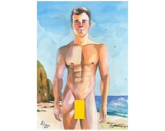 Original Hand painted Artwork Watercolor Painting Erotic Male Man Nude Gay