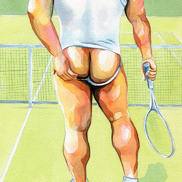 PRINT of Original Art Work Watercolor Painting Gay Male Nude "Tennis lesson"