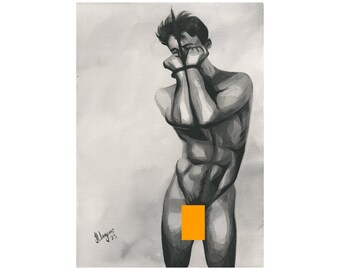 12x16" Original Hand painted Artwork Watercolor Painting Gay Man Male Nude A3