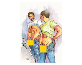 22x15" Original Hand painted Artwork Watercolor Painting Gay Man Male Nude