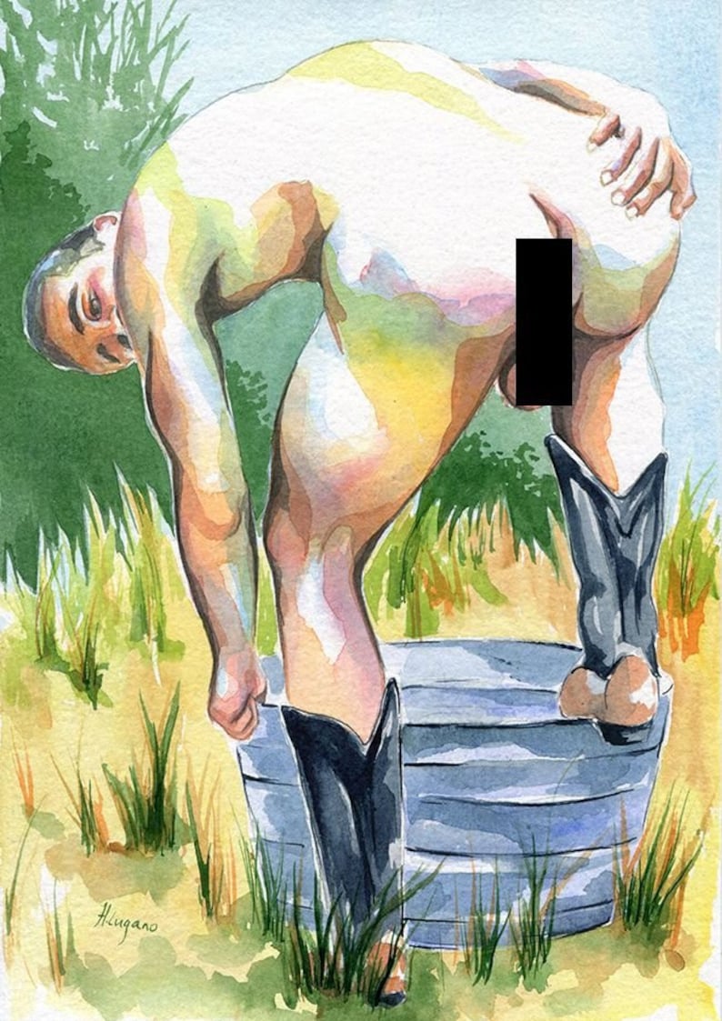 PRINT of Original Art Work Watercolor Painting Gay Male Nude /"Right here/"