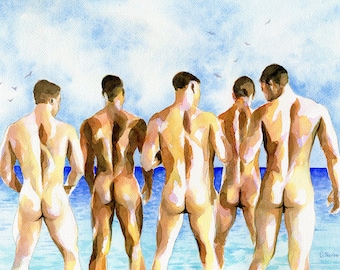 PRINT Original Art Work Watercolor Painting Gay Male Nude "Beach party"